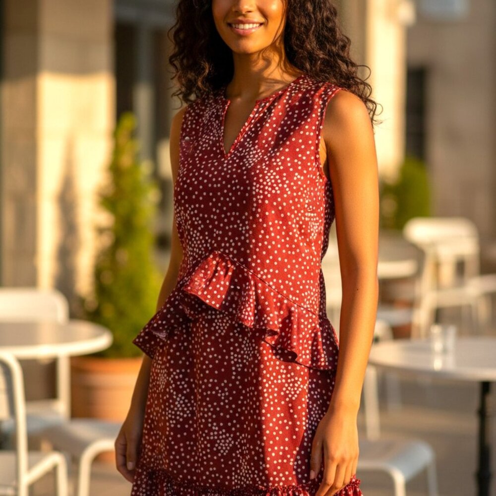 (A-33)Women's Red Polka Dot Ruffle Dress Size‎ S Sleeveless Casual Summer Cute